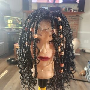 Black Braided Wig with Brown Beads - Women Hair